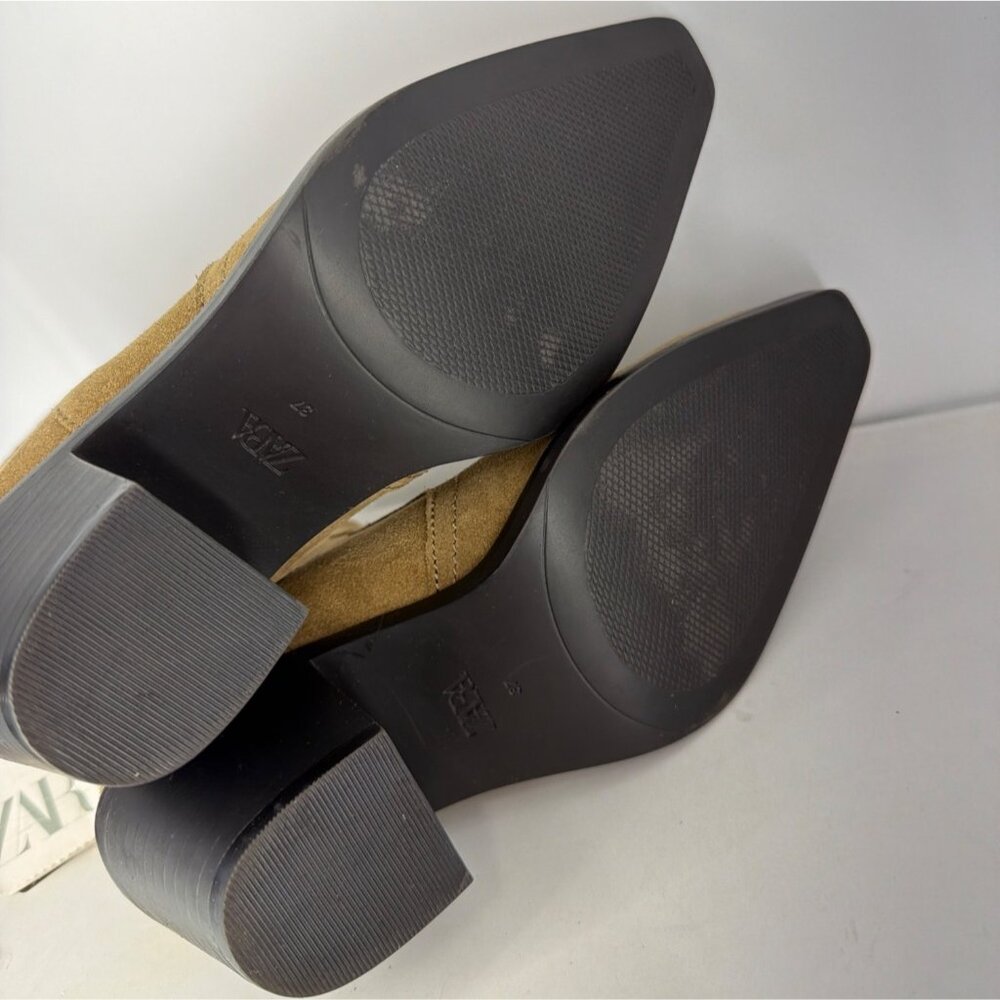 Zara Western Booties Calf Block Heel Tan Suede Boots Women Size 37 US6.5 - Picture 12 of 12
